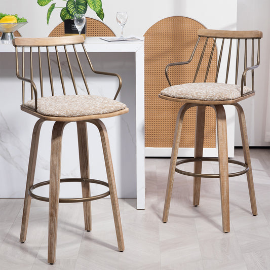 Beatrice Brown and White Woven Fabric Bar Stool with Natural Wood Legs