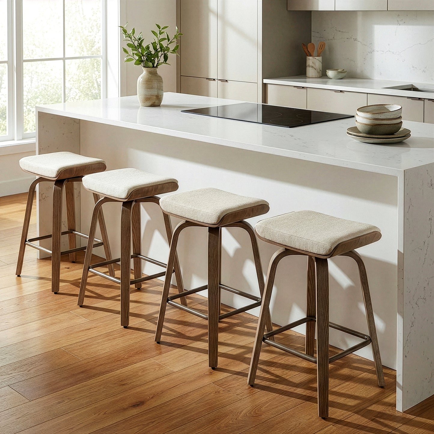 Set of 2 Beatrix Beige Woven Fabric Counter Stool with Natural Wood Legs