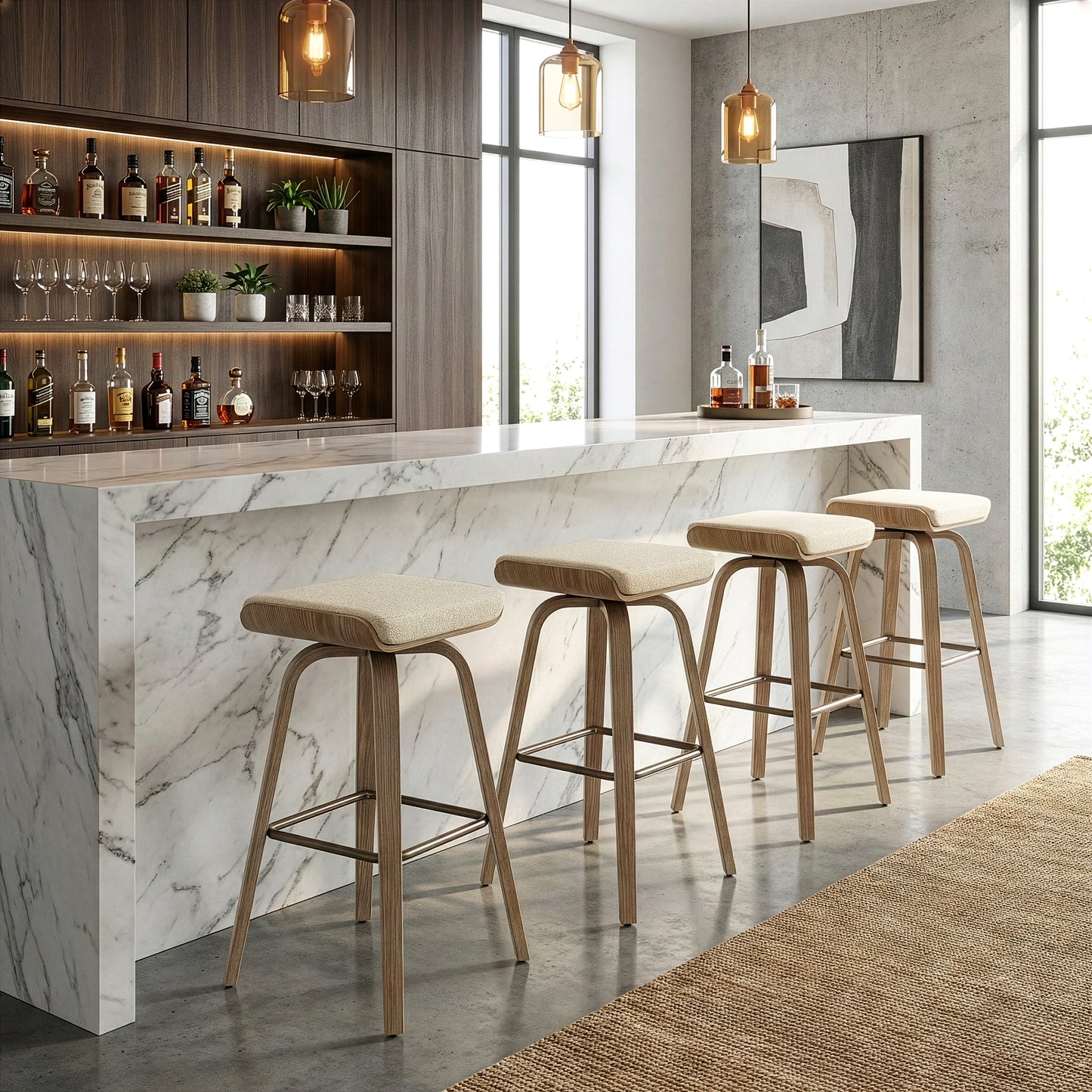 Set of 2 Beatrix Beige Woven Fabric Bar Stool with Natural Wood Legs