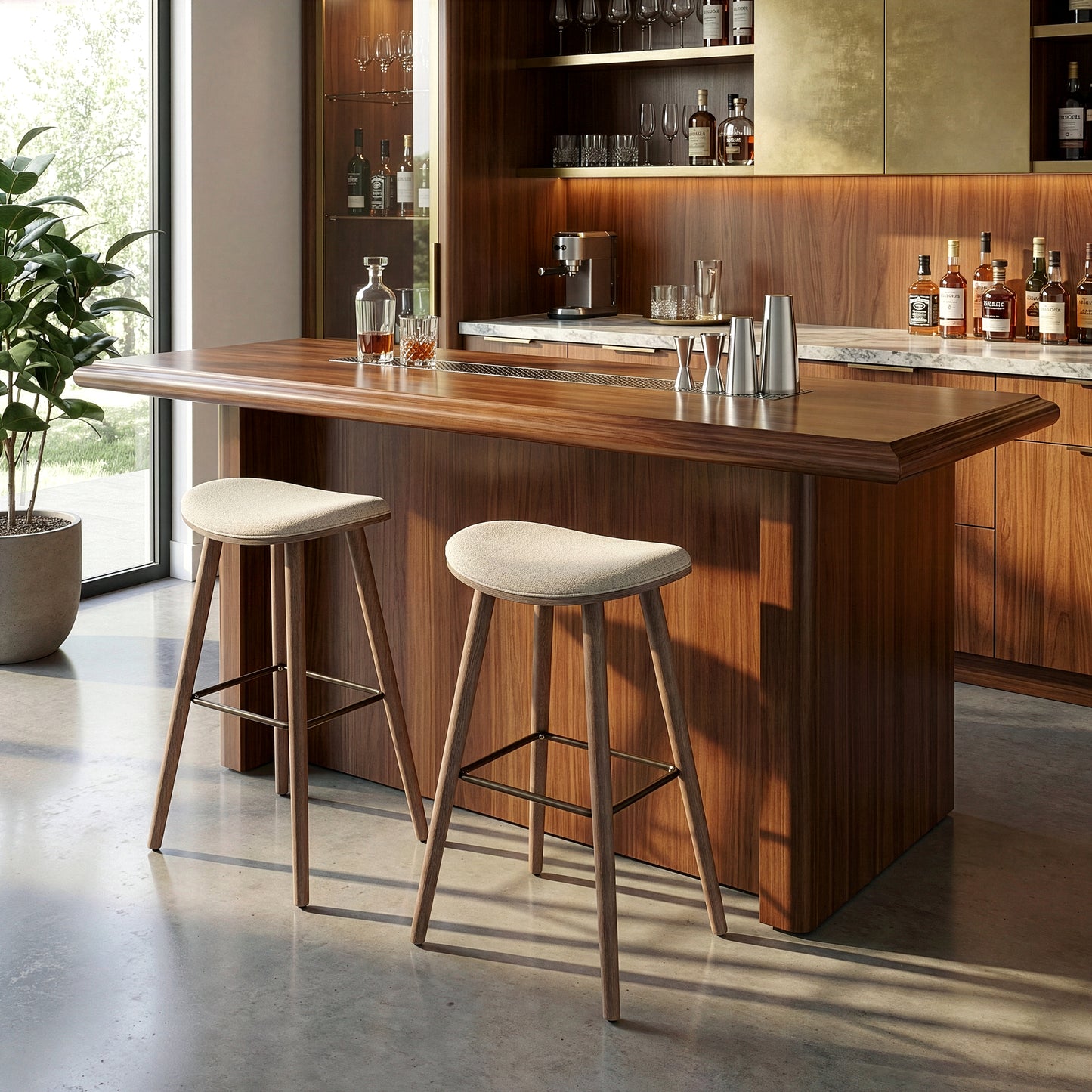 Set of 2 Beatriz Beige Woven Fabric Bar Stool with Wood Legs