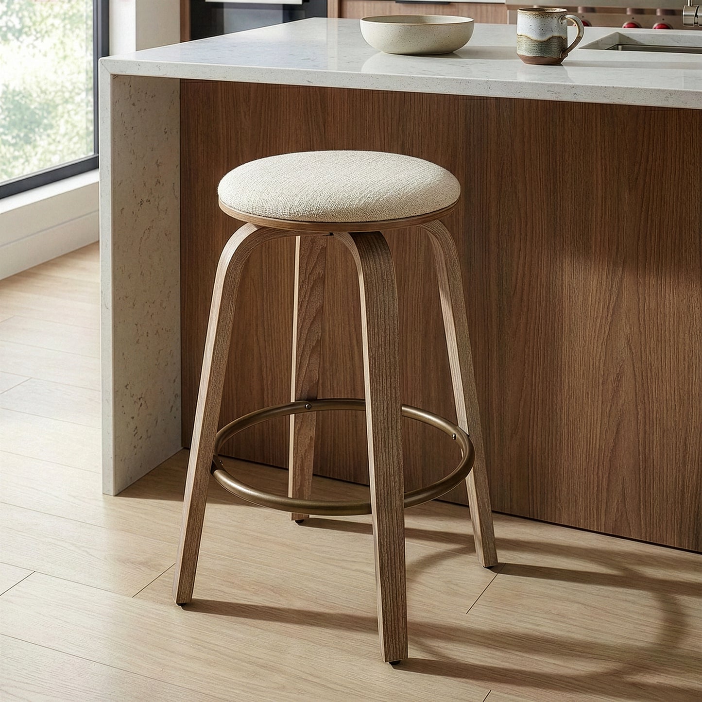Beatus Beige Woven Fabric Counter Stool with Natural Wood Legs