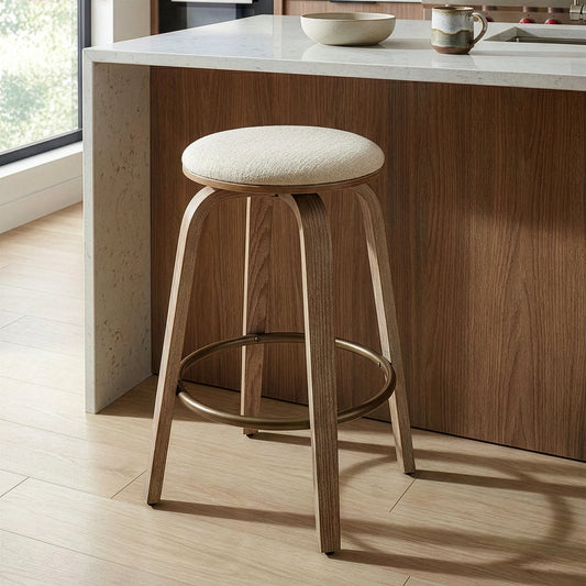 Beatus Beige Woven Fabric Counter Stool with Natural Wood Legs