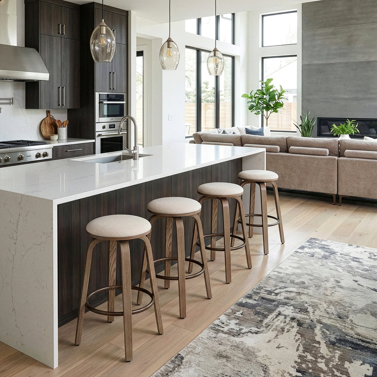 Beatus Beige Woven Fabric Counter Stool with Natural Wood Legs