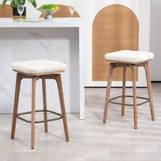 Set of 2 Beckham Beige Woven Fabric Backless Counter Stool with Natural Wood Legs