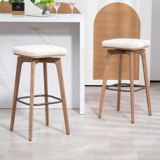 Set of 2 Beckham Beige Linen Fabric Backless Bar Stool with Natural Wood Legs