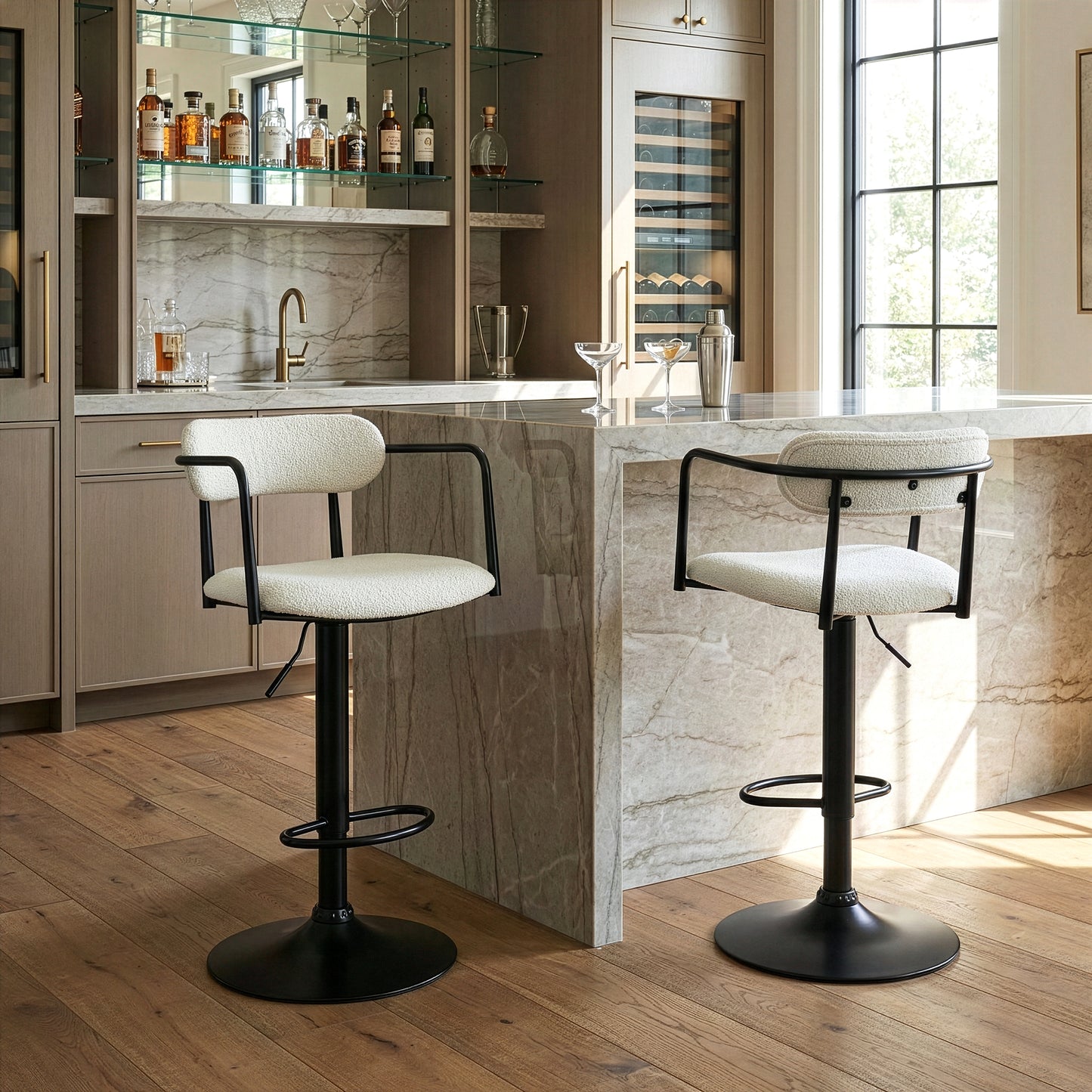 Bedivere Beige Boucle Fabric Adjustable Bar Stool with Black Iron Arms and Pedestal Leg