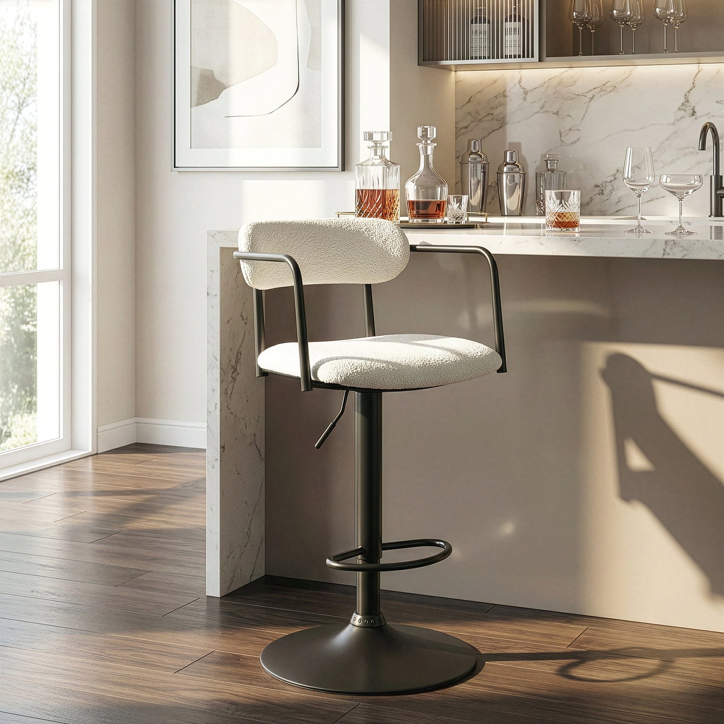 Bedivere Beige Boucle Fabric Adjustable Bar Stool with Black Iron Arms and Pedestal Leg
