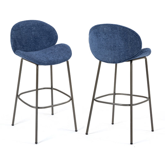 Set of 2 Benedetta Blue Linen Upholstered Fabric Bar Stool with Black Iron Legs