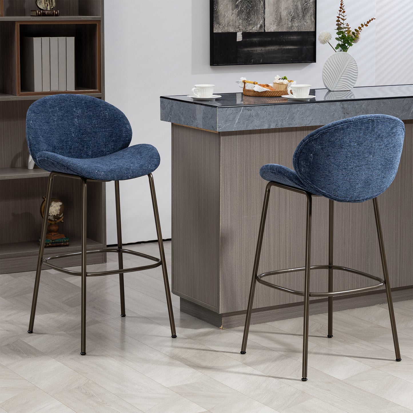 Set of 2 Benedetta Blue Linen Upholstered Fabric Bar Stool with Black Iron Legs