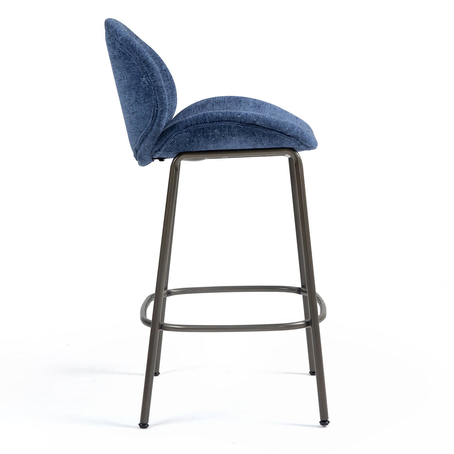 Set of 2 Benedetta Blue Linen Upholstered Fabric Counter Stool with Black Iron Legs