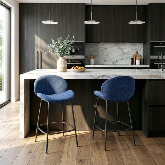 Set of 2 Benedetta Blue Linen Upholstered Fabric Counter Stool with Black Iron Legs