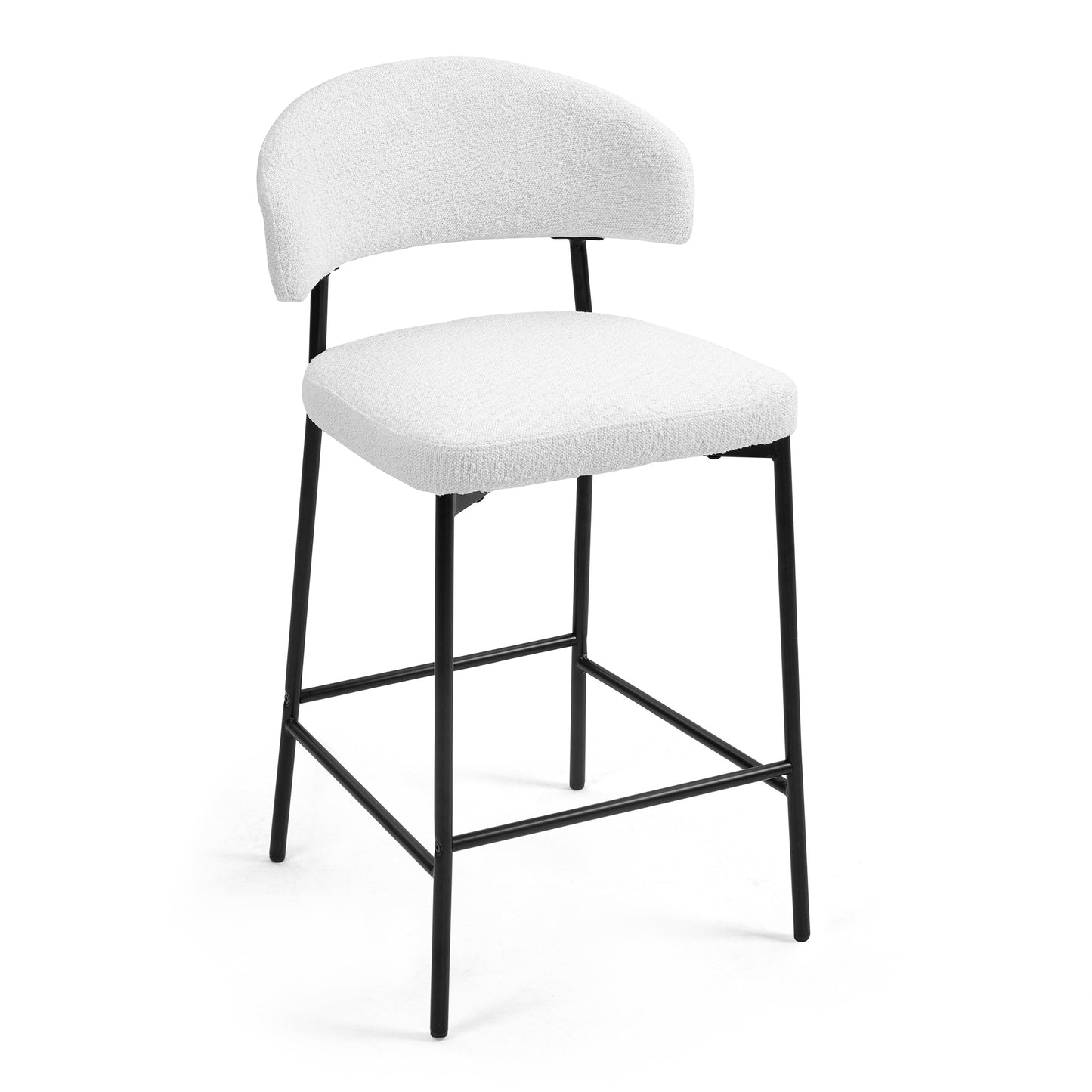 Set of 2 Bennett White Boucle Upholstered Fabric Counter Stool with Black Iron Legs