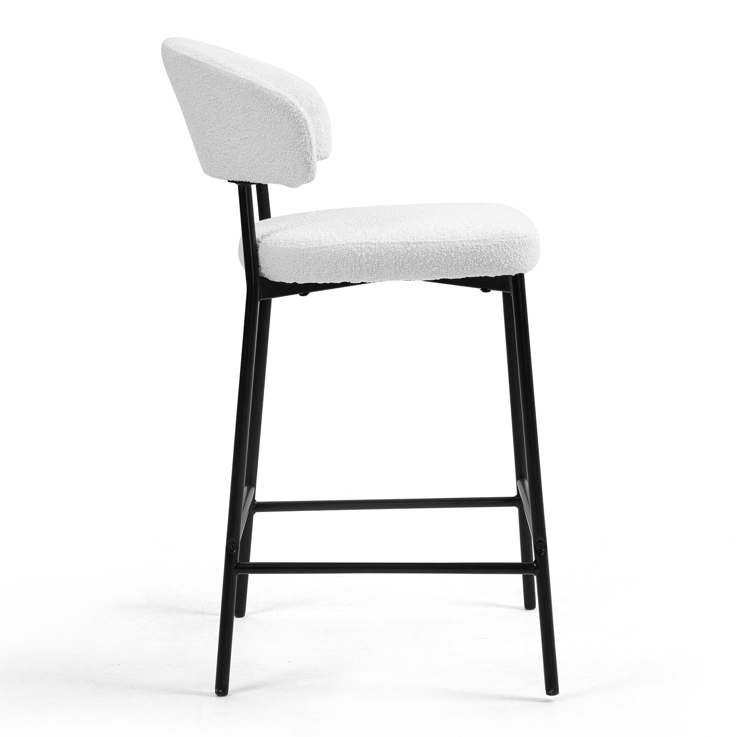 Set of 2 Bennett White Boucle Upholstered Fabric Counter Stool with Black Iron Legs