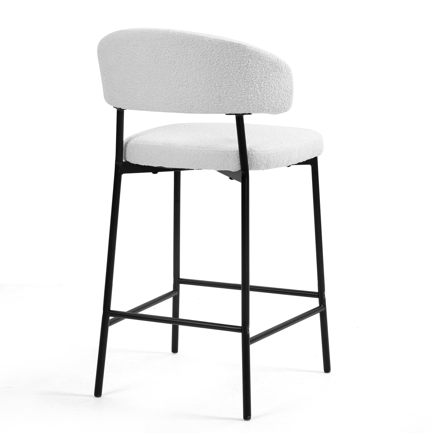 Set of 2 Bennett White Boucle Upholstered Fabric Counter Stool with Black Iron Legs