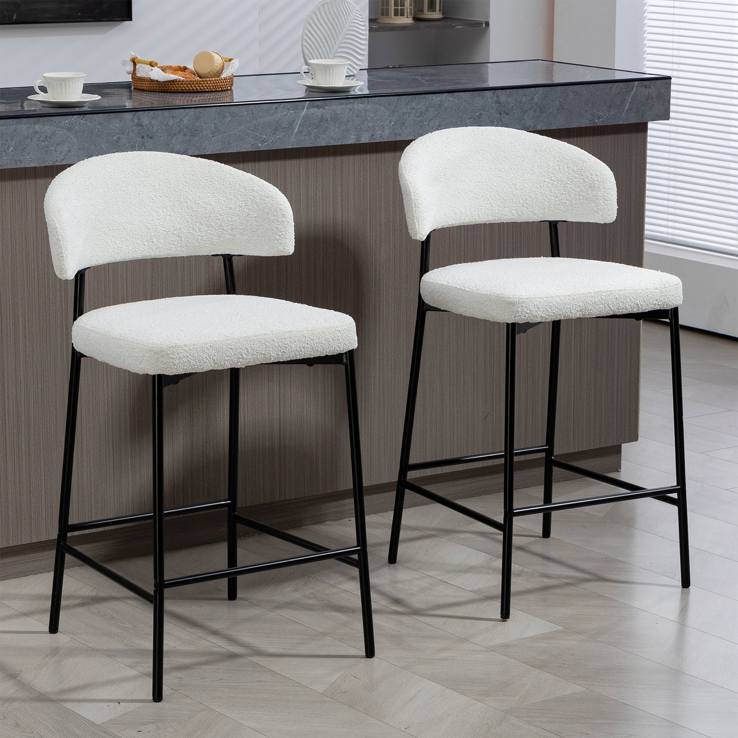 Set of 2 Bennett White Boucle Upholstered Fabric Counter Stool with Black Iron Legs