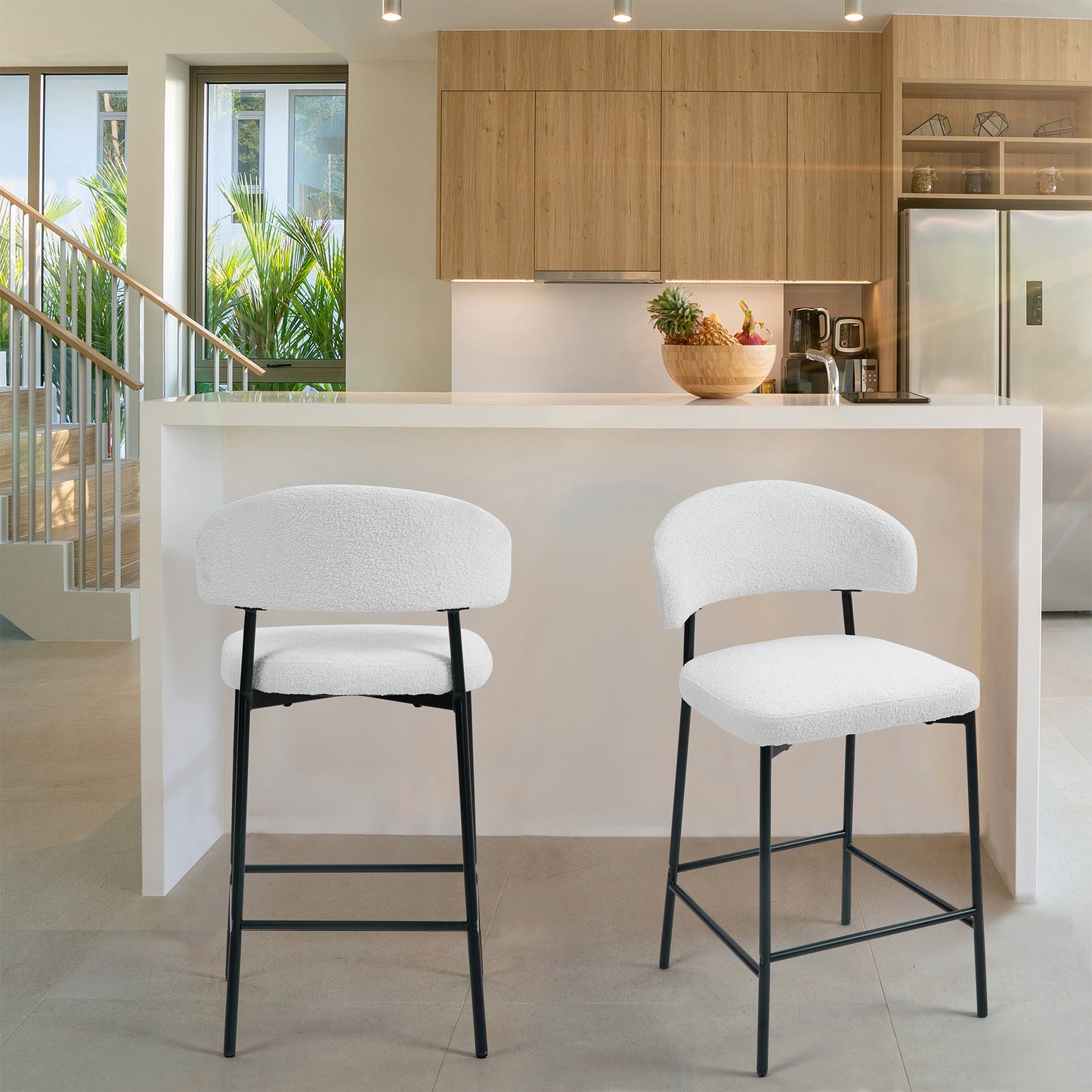 Set of 2 Bennett White Boucle Upholstered Fabric Counter Stool with Black Iron Legs