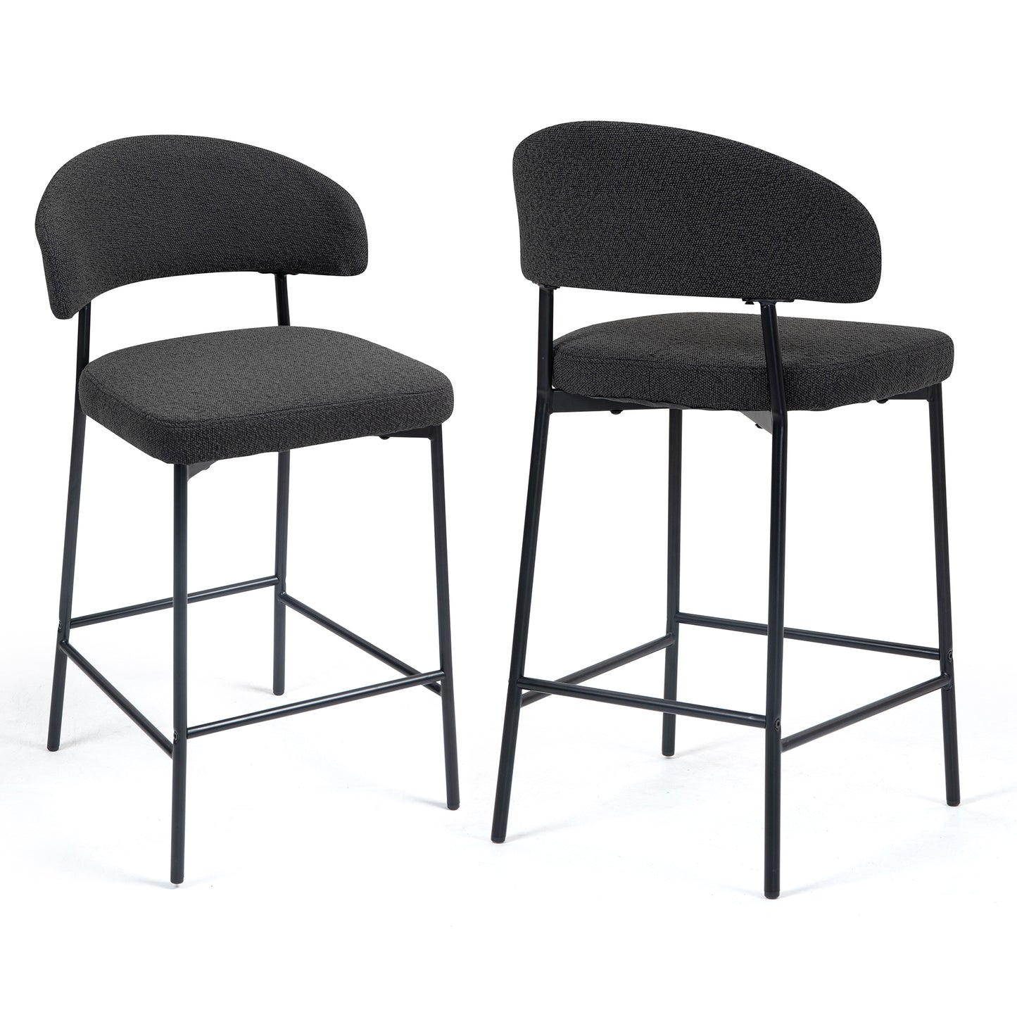 Set of 2 Bennett Black Boucle Upholstered Fabric Counter Stool with Black Iron Legs