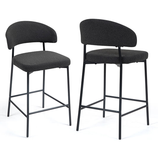 Set of 2 Bennett Black Boucle Upholstered Fabric Counter Stool with Black Iron Legs