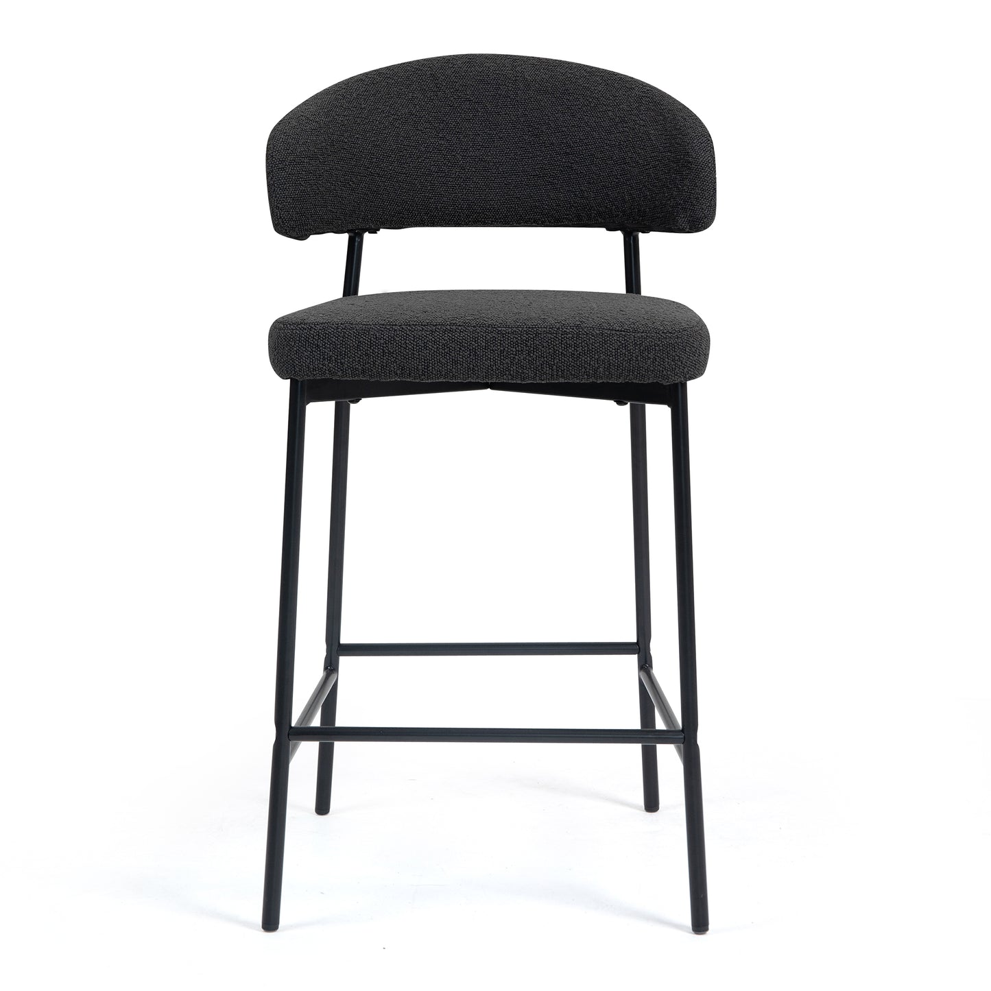 Set of 2 Bennett Black Boucle Upholstered Fabric Counter Stool with Black Iron Legs