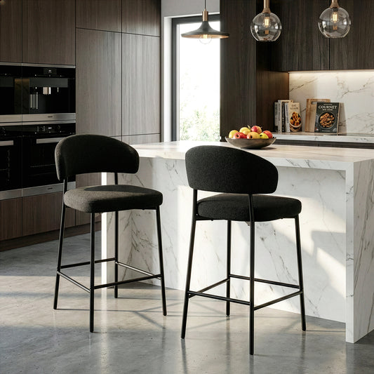 Set of 2 Bennett Black Boucle Upholstered Fabric Counter Stool with Black Iron Legs