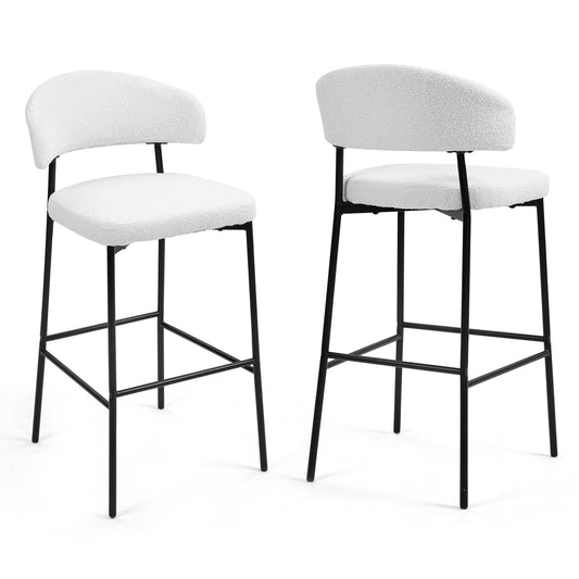 Set of 2 Bennett White Boucle Upholstered Fabric Bar Stool with Black Iron Legs