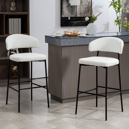 Set of 2 Bennett White Boucle Upholstered Fabric Bar Stool with Black Iron Legs
