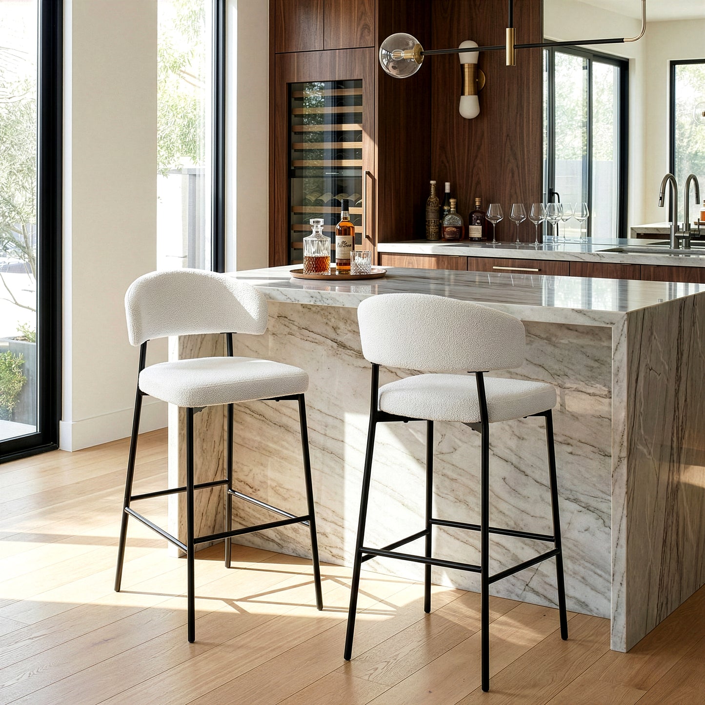 Set of 2 Bennett White Boucle Upholstered Fabric Bar Stool with Black Iron Legs