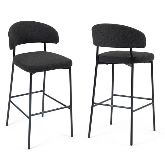 Set of 2 Bennett Black Boucle Upholstered Fabric Bar Stool with Black Iron Legs