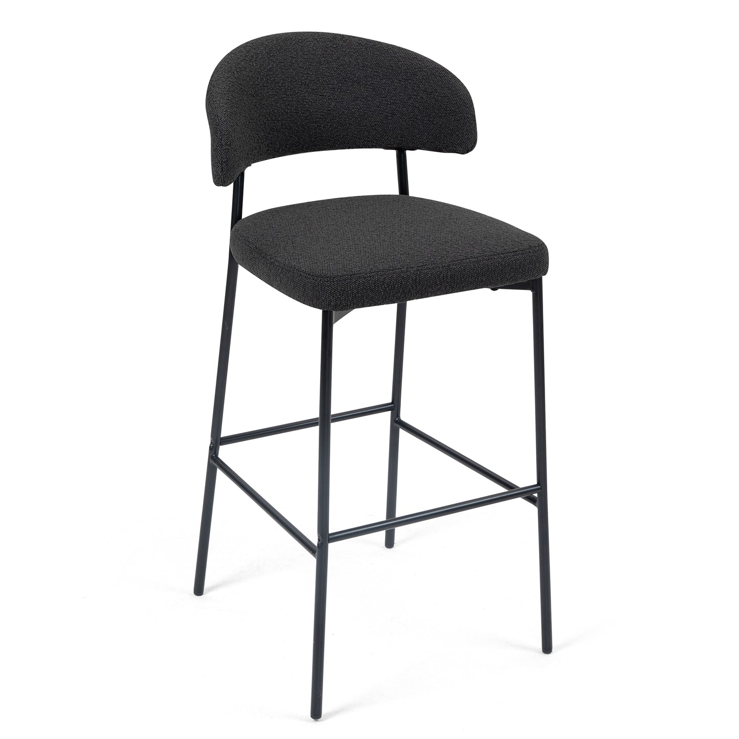 Set of 2 Bennett Black Boucle Upholstered Fabric Bar Stool with Black Iron Legs