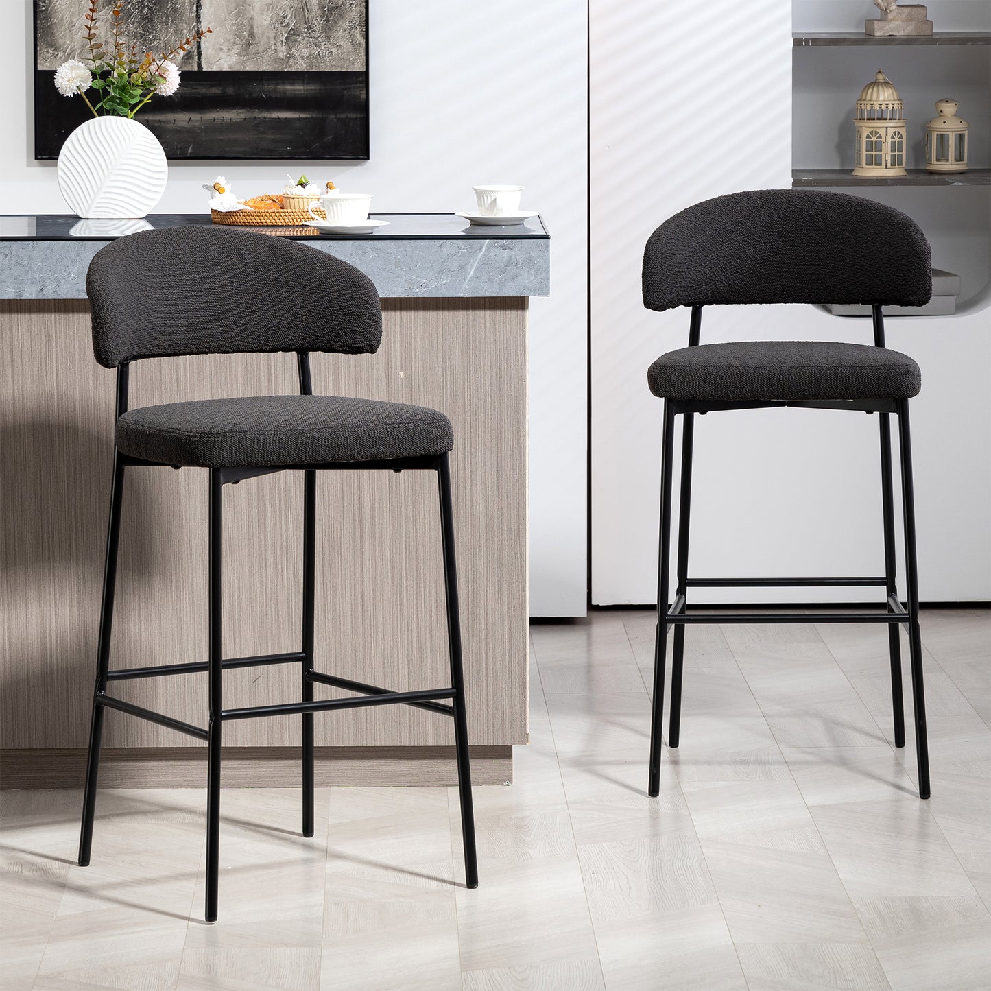 Set of 2 Bennett Black Boucle Upholstered Fabric Bar Stool with Black Iron Legs