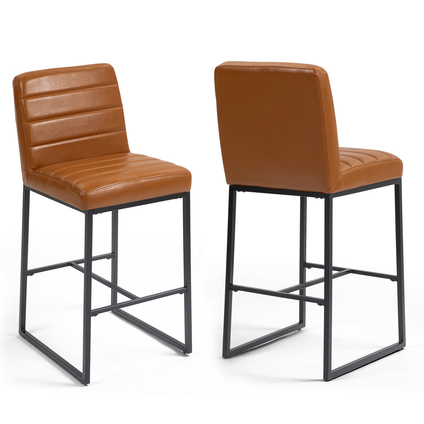 Set of 2 Belisario Light Brown Faux Leather Bar Stool with Black Metal Legs