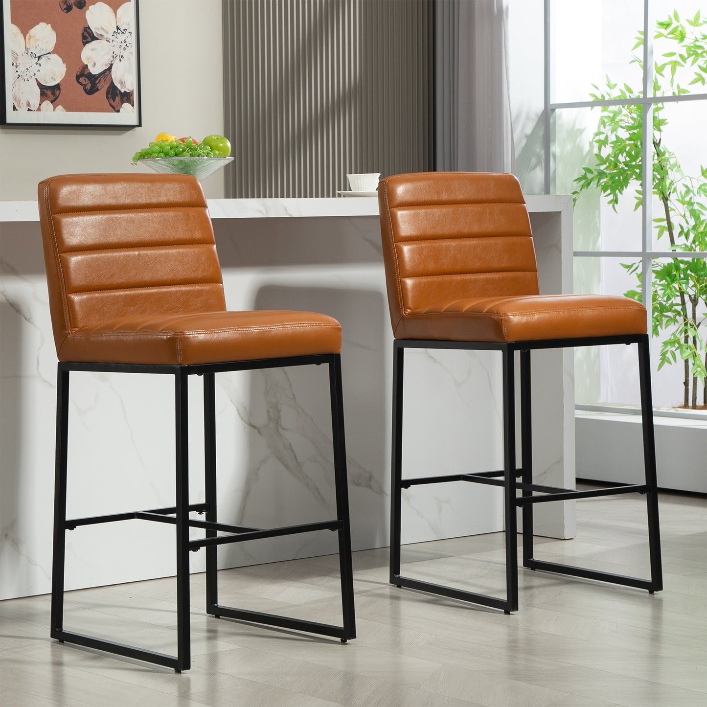 Set of 2 Belisario Light Brown Faux Leather Bar Stool with Black Metal Legs