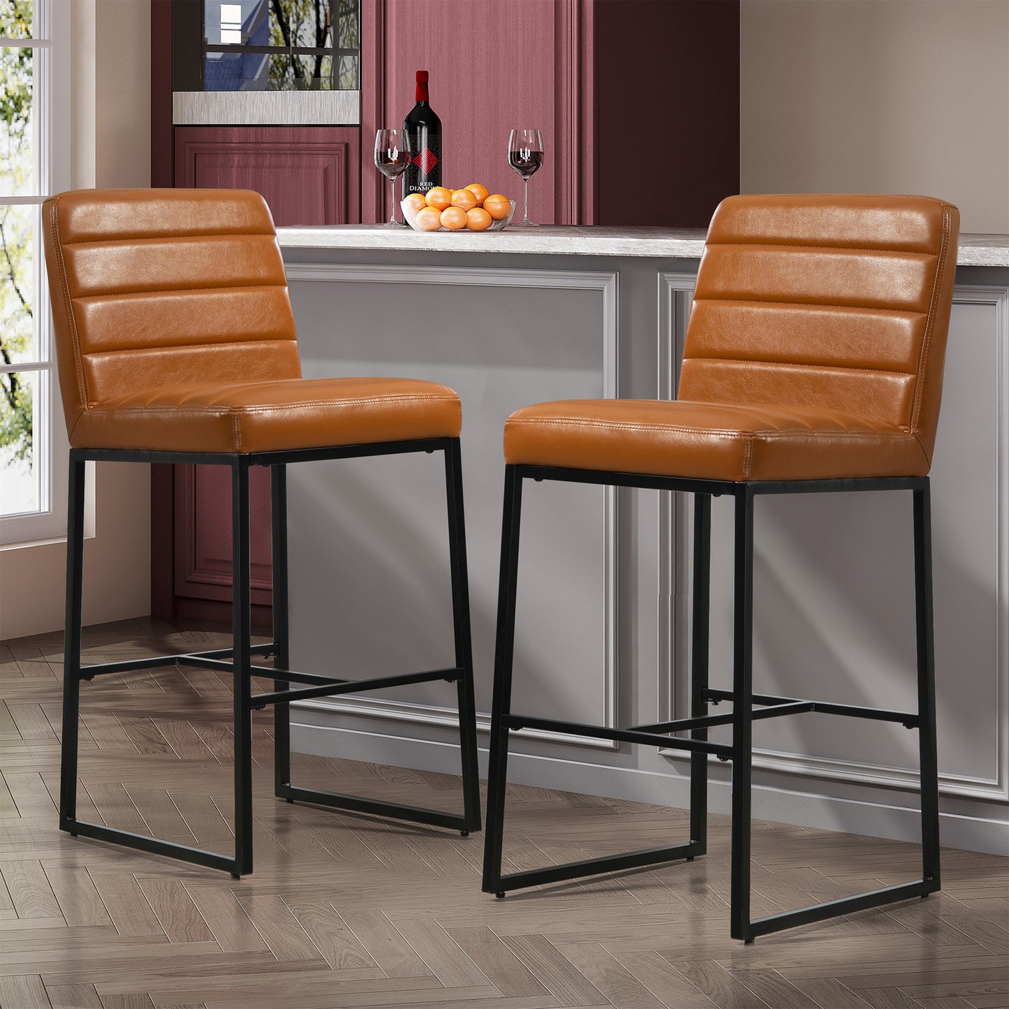 Set of 2 Belisario Light Brown Faux Leather Bar Stool with Black Metal Legs