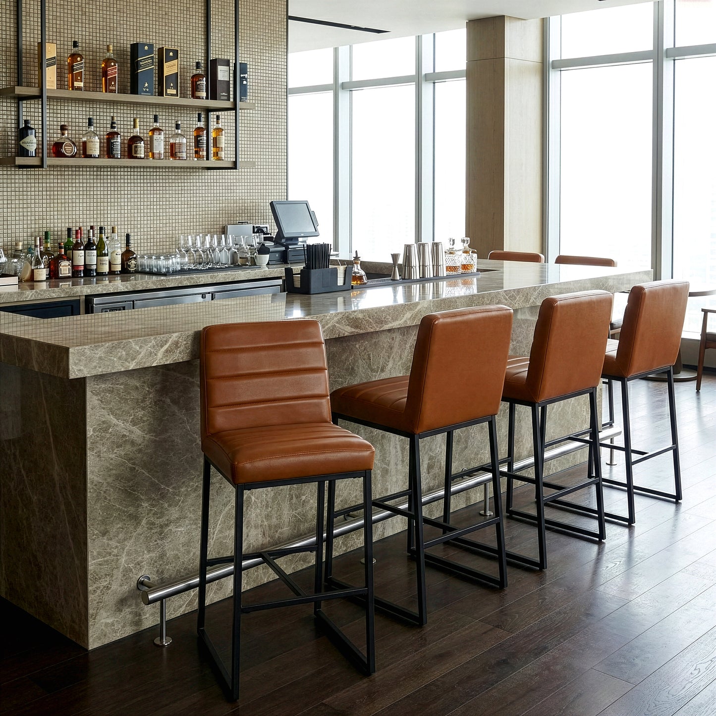 Set of 2 Belisario Light Brown Faux Leather Bar Stool with Black Metal Legs