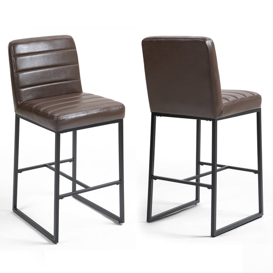 Set of 2 Belisario Brown Faux Leather Bar Stool with Black Metal Legs