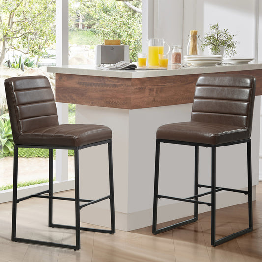 Set of 2 Belisario Brown Faux Leather Bar Stool with Black Metal Legs