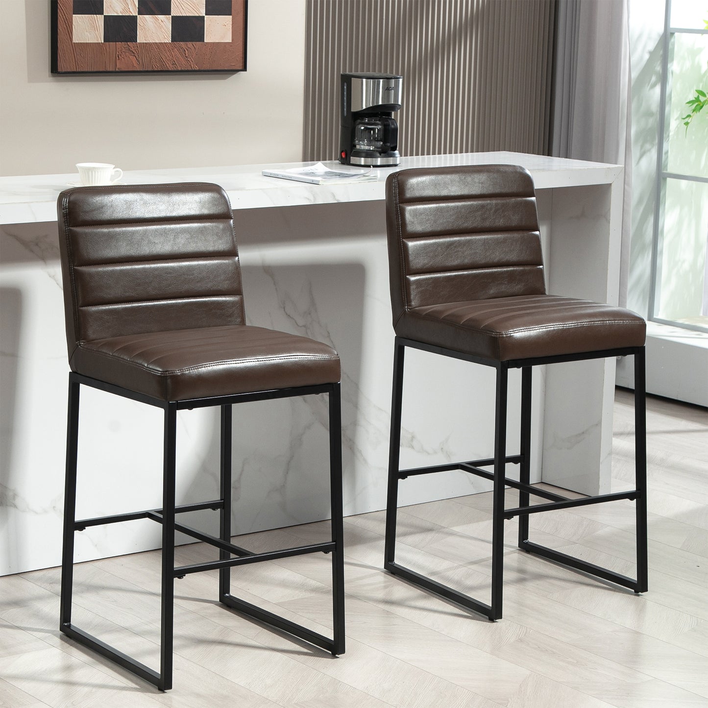 Set of 2 Belisario Brown Faux Leather Bar Stool with Black Metal Legs