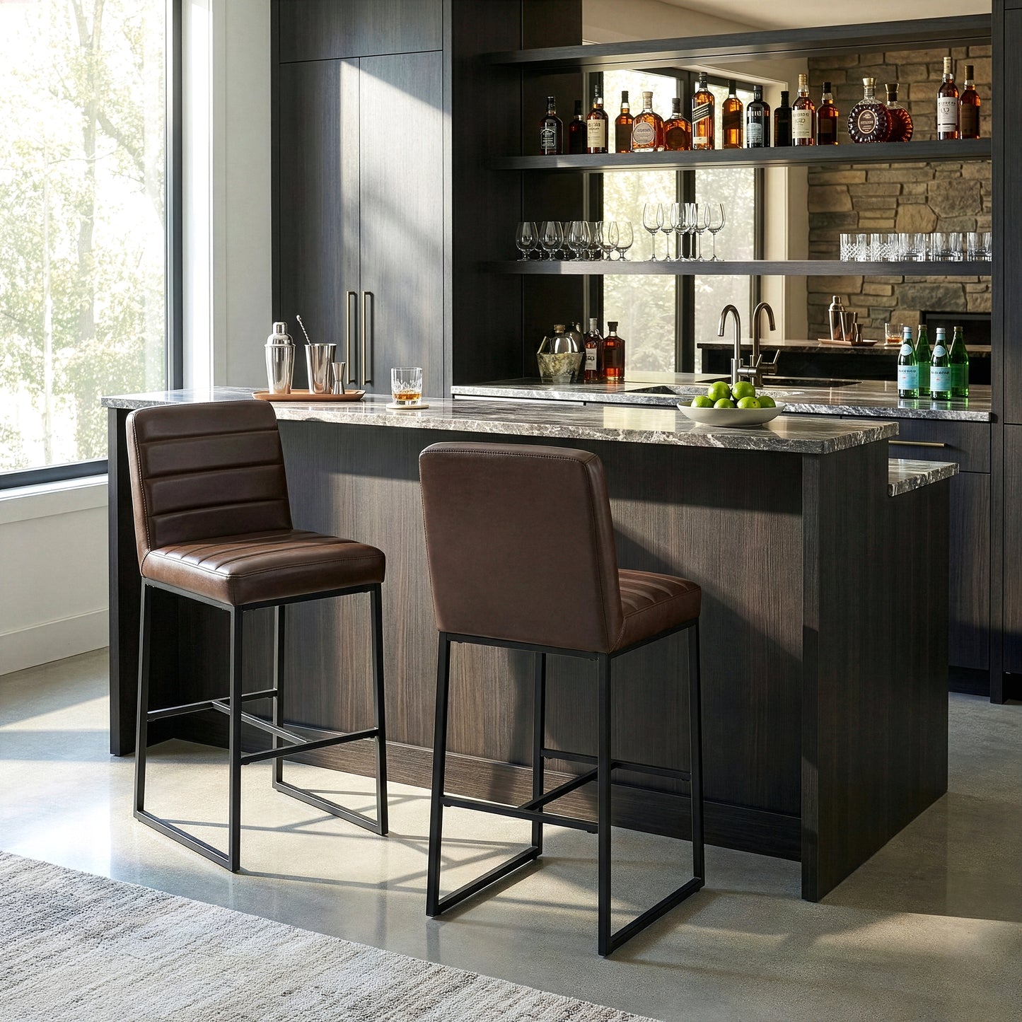 Set of 2 Belisario Brown Faux Leather Bar Stool with Black Metal Legs