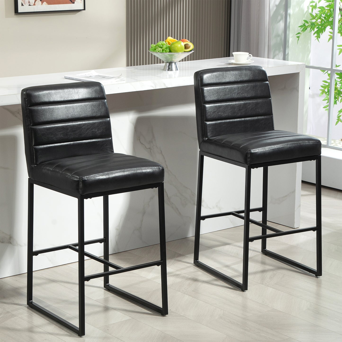 Set of 2 Belisario Black Faux Leather Bar Stool with Black Metal Legs