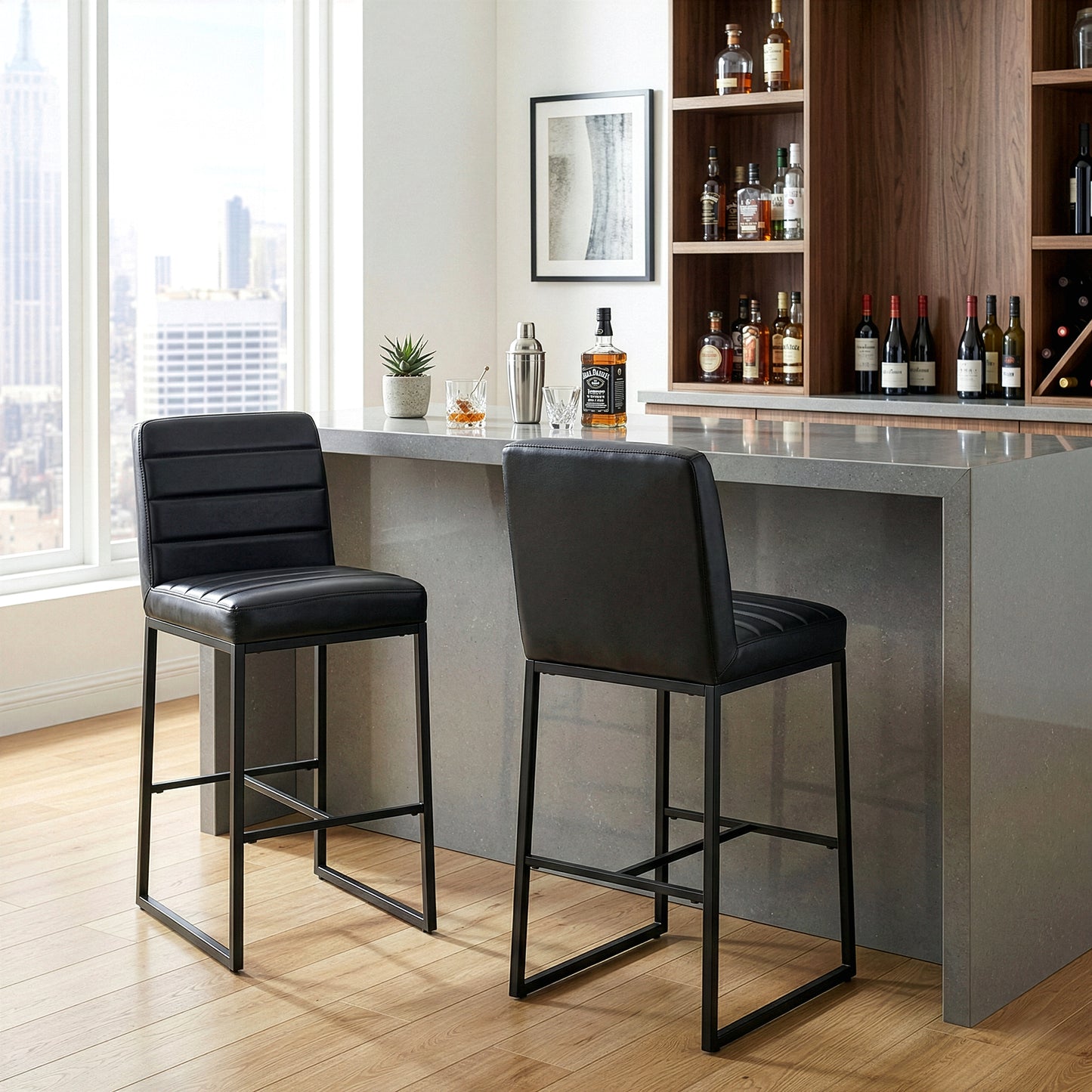 Set of 2 Belisario Black Faux Leather Bar Stool with Black Metal Legs