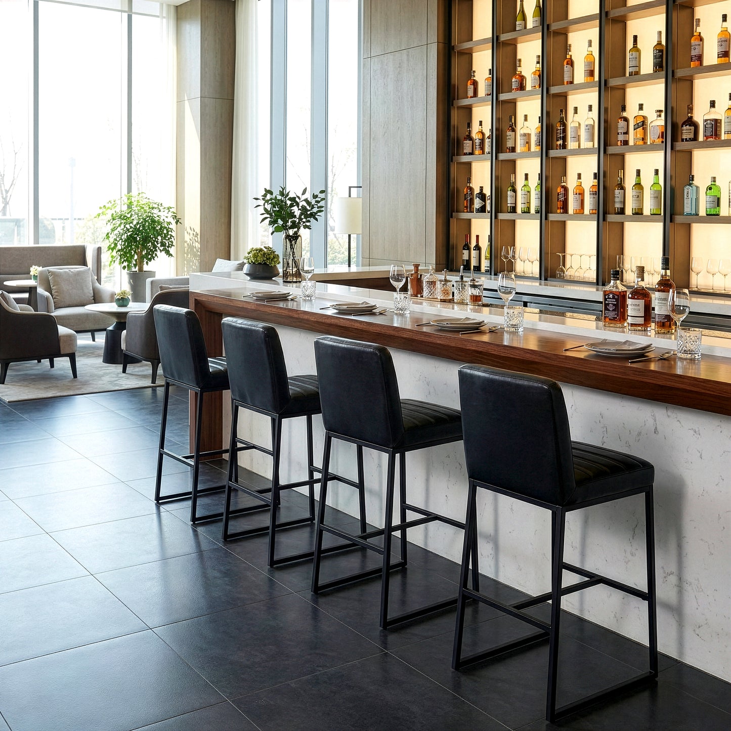 Set of 2 Belisario Black Faux Leather Bar Stool with Black Metal Legs