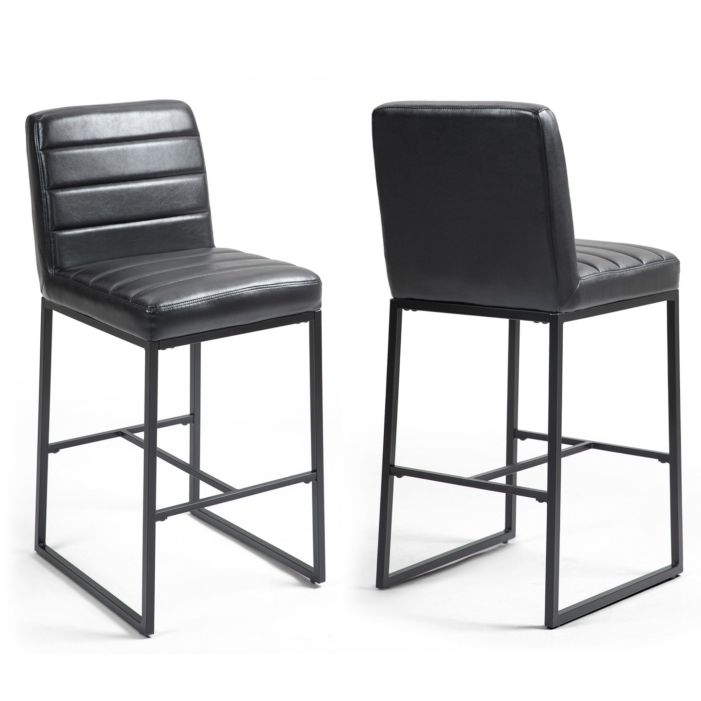 Set of 2 Belisario Black Faux Leather Bar Stool with Black Metal Legs