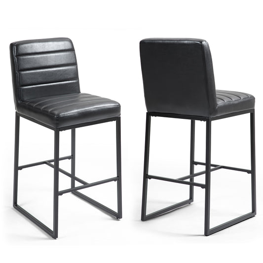 Set of 2 Belisario Black Faux Leather Bar Stool with Black Metal Legs