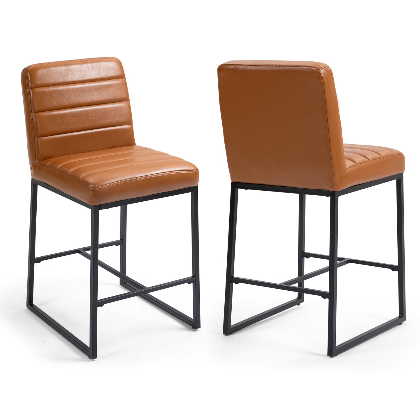 Set of 2 Belisario Light Brown Faux Leather Counter Stool with Black Metal Legs