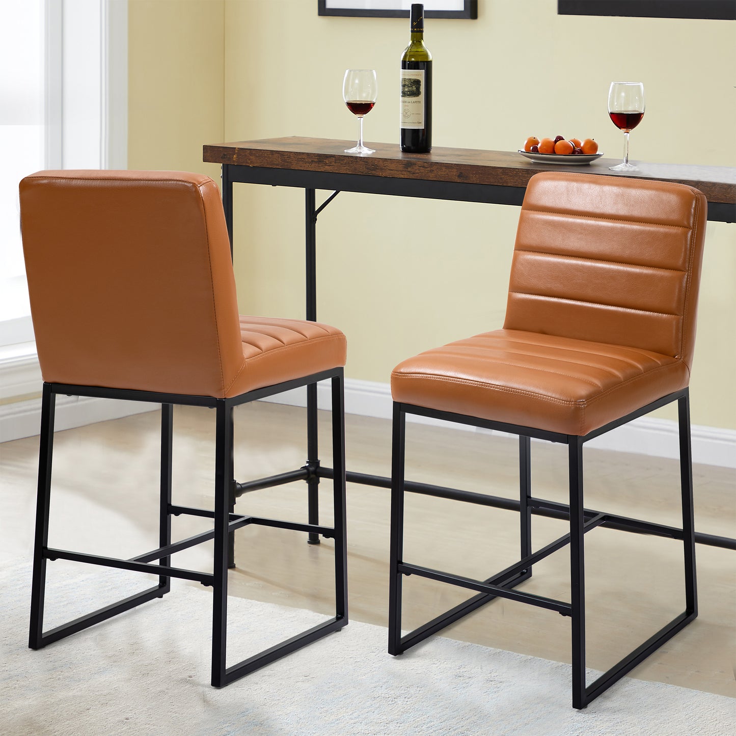 Set of 2 Belisario Light Brown Faux Leather Counter Stool with Black Metal Legs