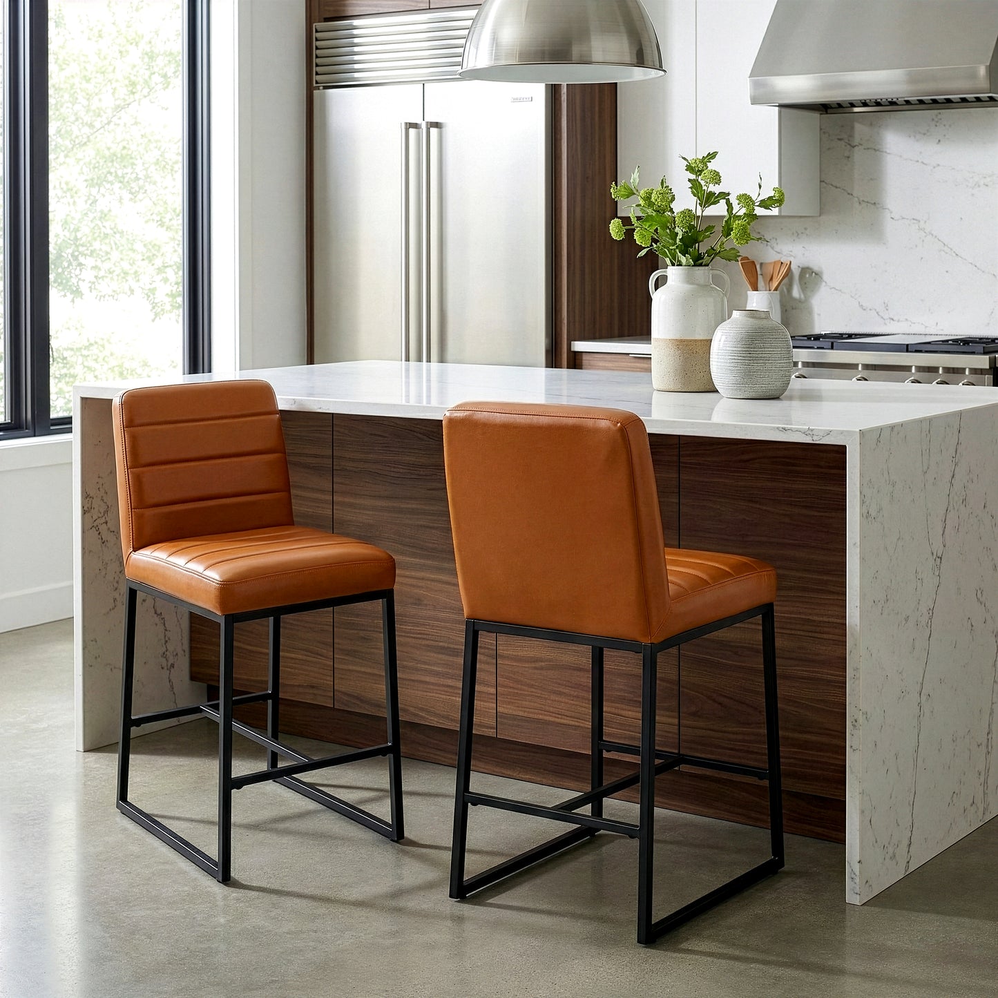 Set of 2 Belisario Light Brown Faux Leather Counter Stool with Black Metal Legs