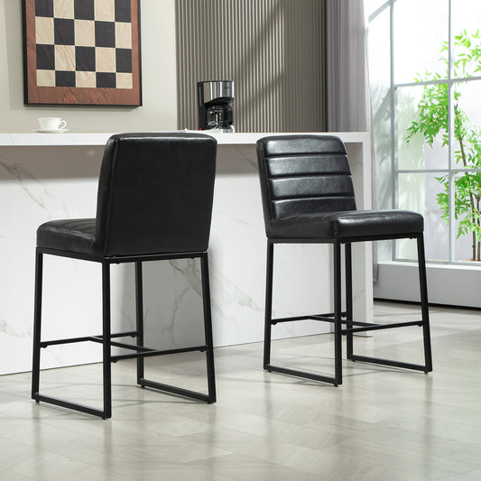 Set of 2 Belisario Black Faux Leather Counter Stool with Black Metal Legs