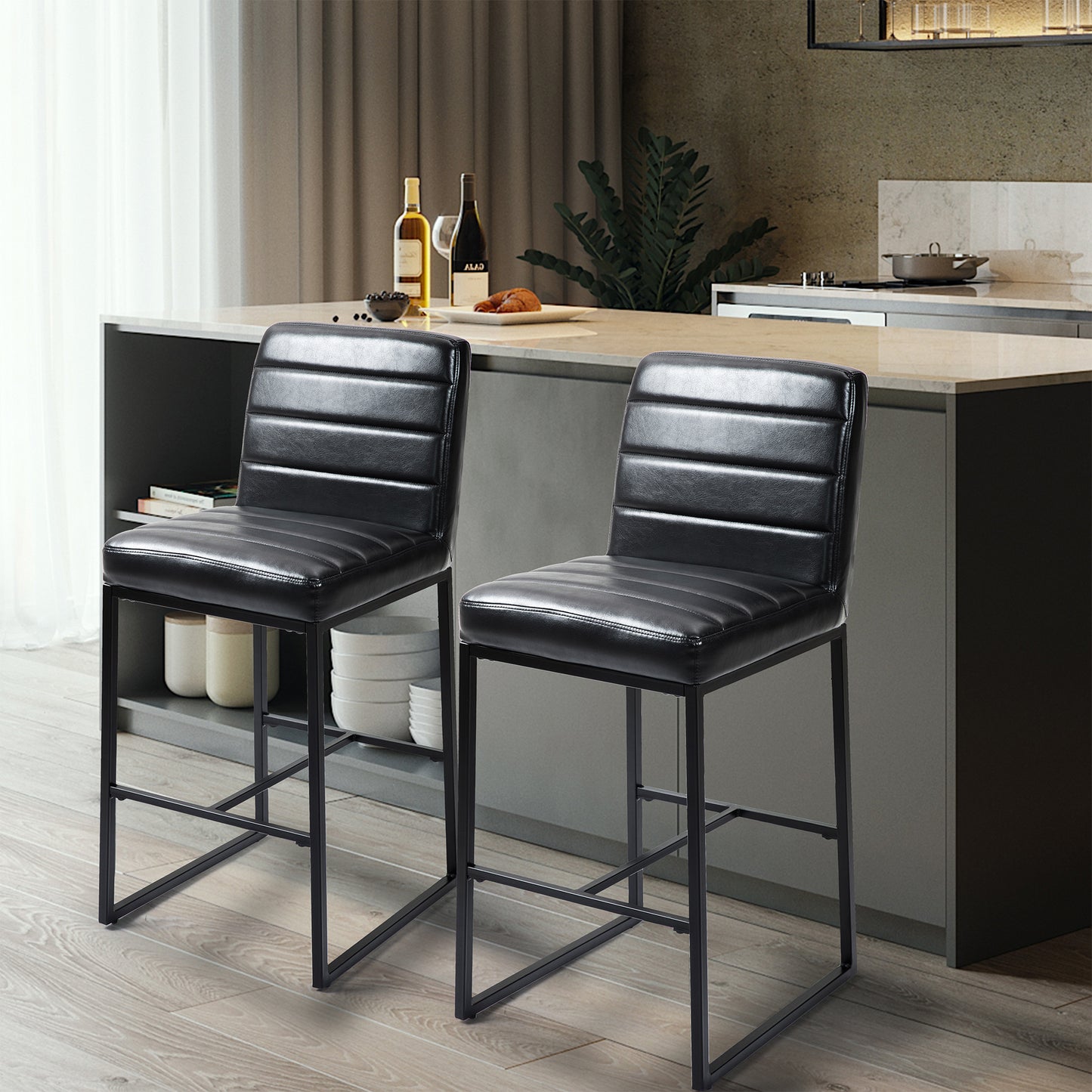 Set of 2 Belisario Black Faux Leather Counter Stool with Black Metal Legs