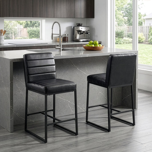Set of 2 Belisario Black Faux Leather Counter Stool with Black Metal Legs