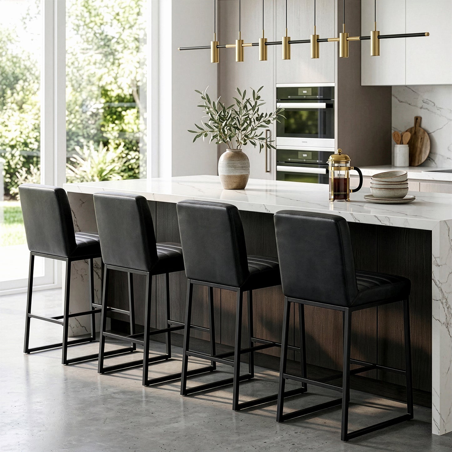 Set of 2 Belisario Black Faux Leather Counter Stool with Black Metal Legs